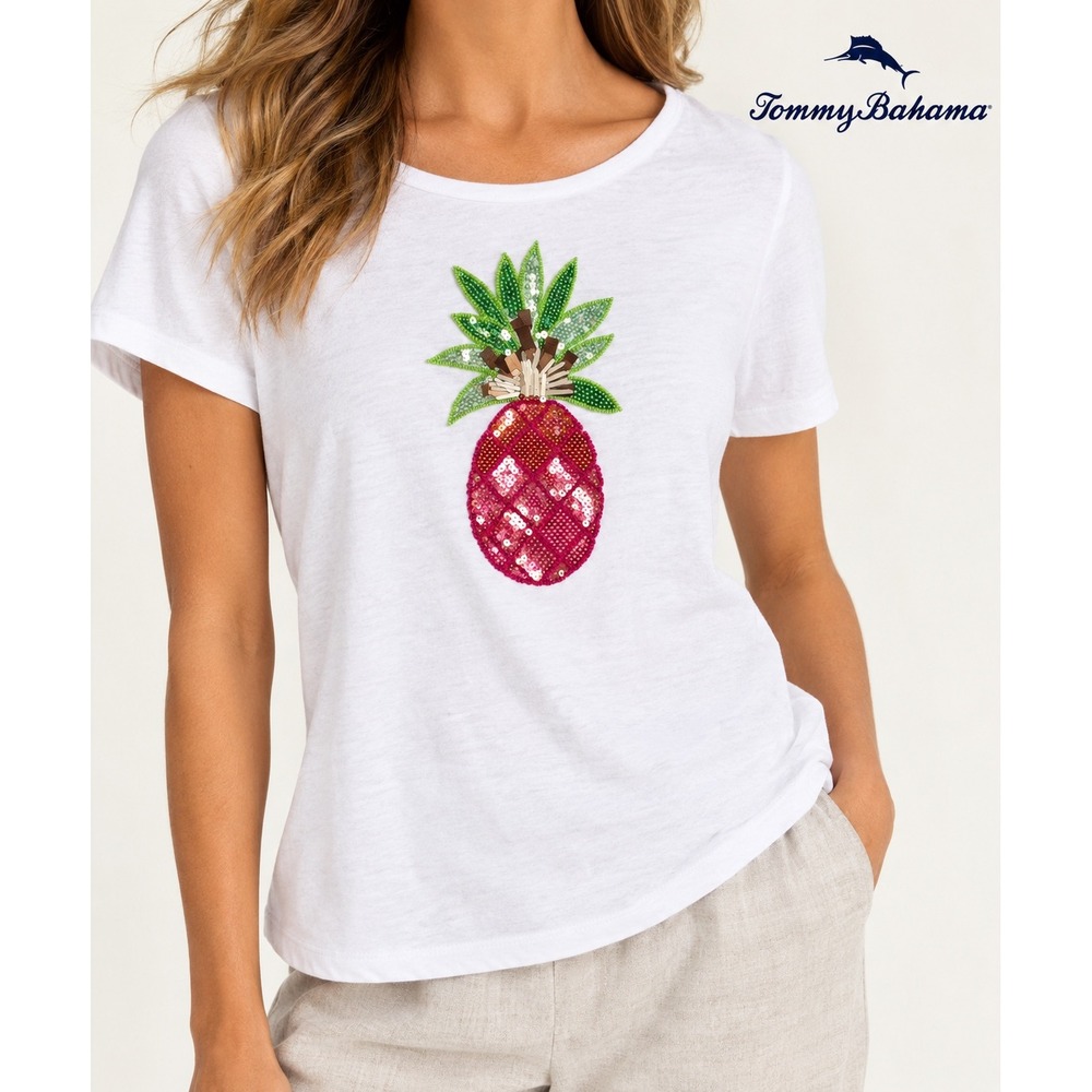 Tommy Bahama XS White Linen Cotton Sequin Pineapple Tee NWT